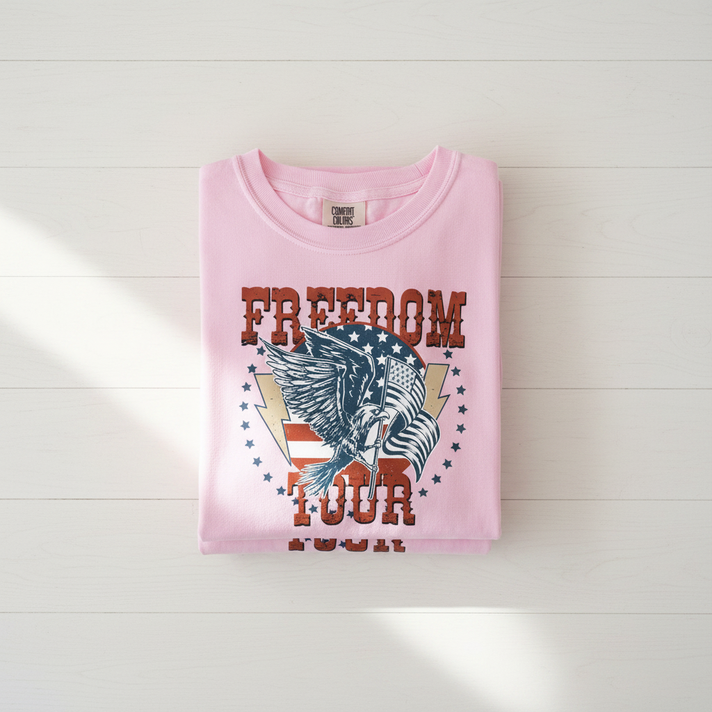 A pink t-shirt with a graphic design featuring an eagle and the text "FREEDOM TOUR" printed on it.