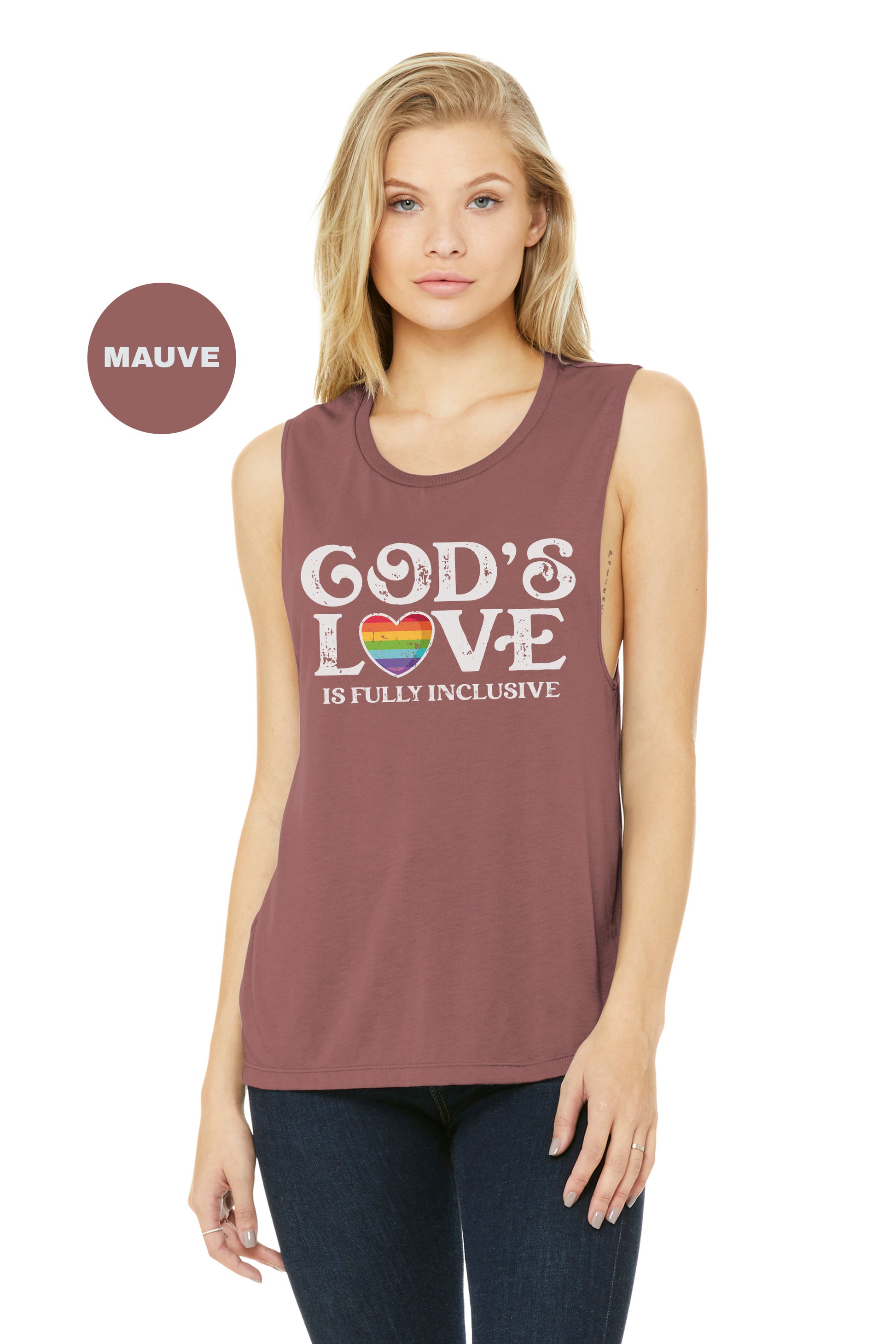 a woman wearing a tank top that says god's love