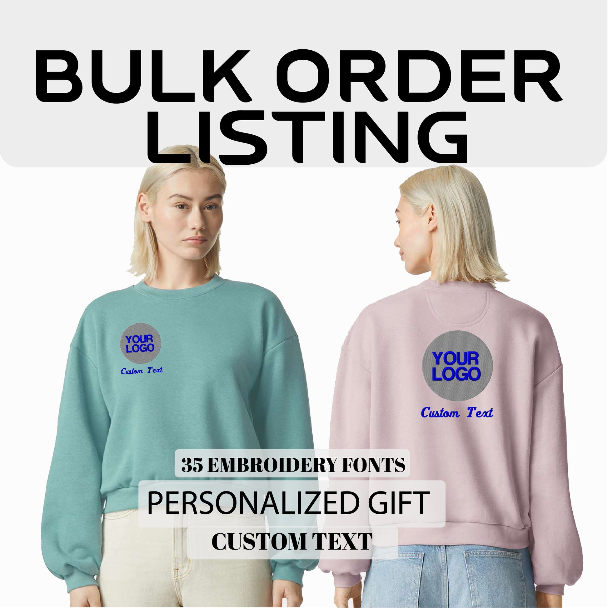 two women wearing sweatshirts with the words bulk order listing