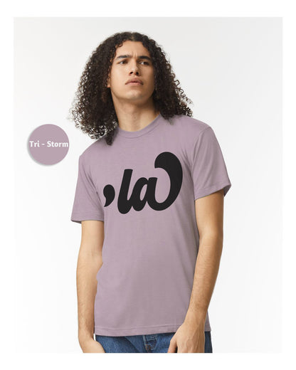 a man wearing a purple t - shirt with the word ca on it