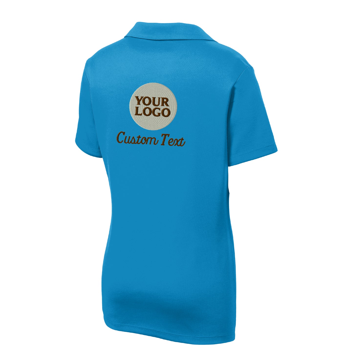 a women's blue polo shirt with the words your logo on it