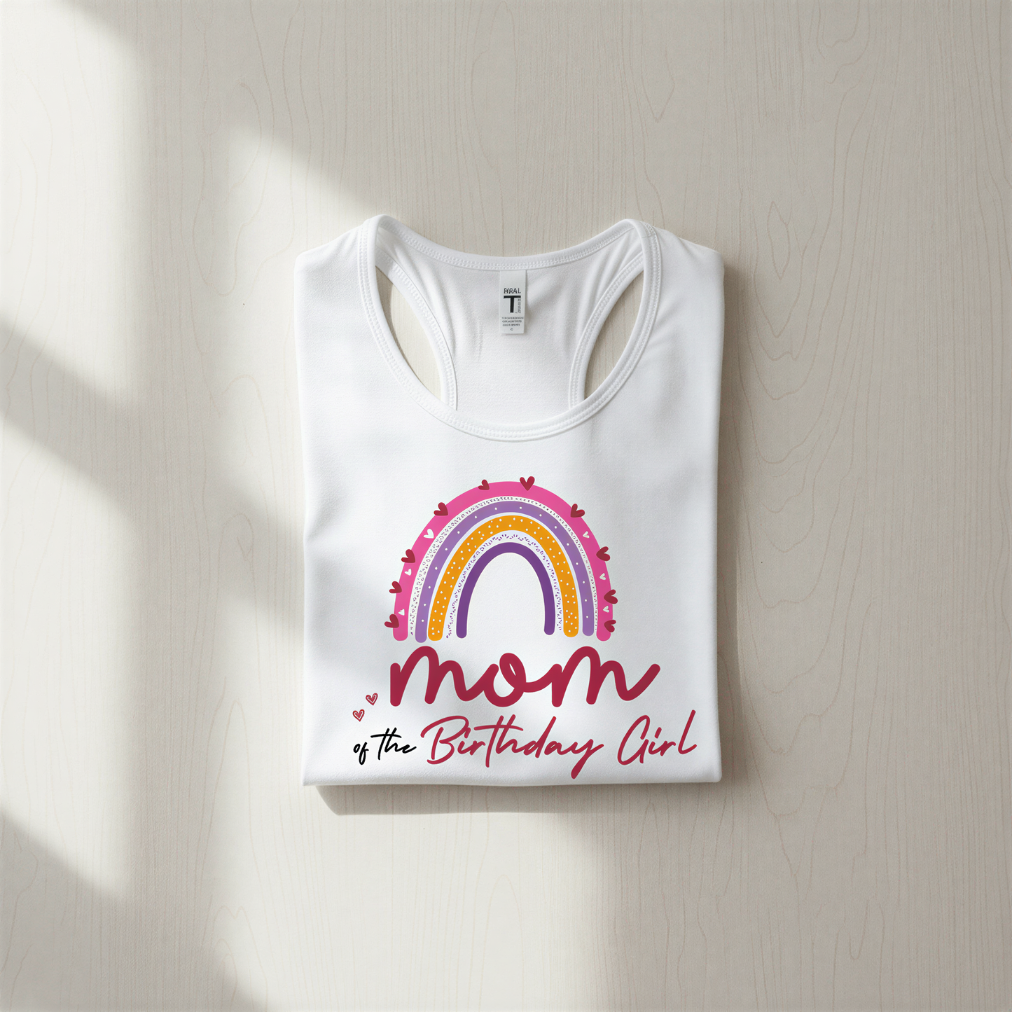 A white t-shirt with a colorful graphic design and text printed on it.