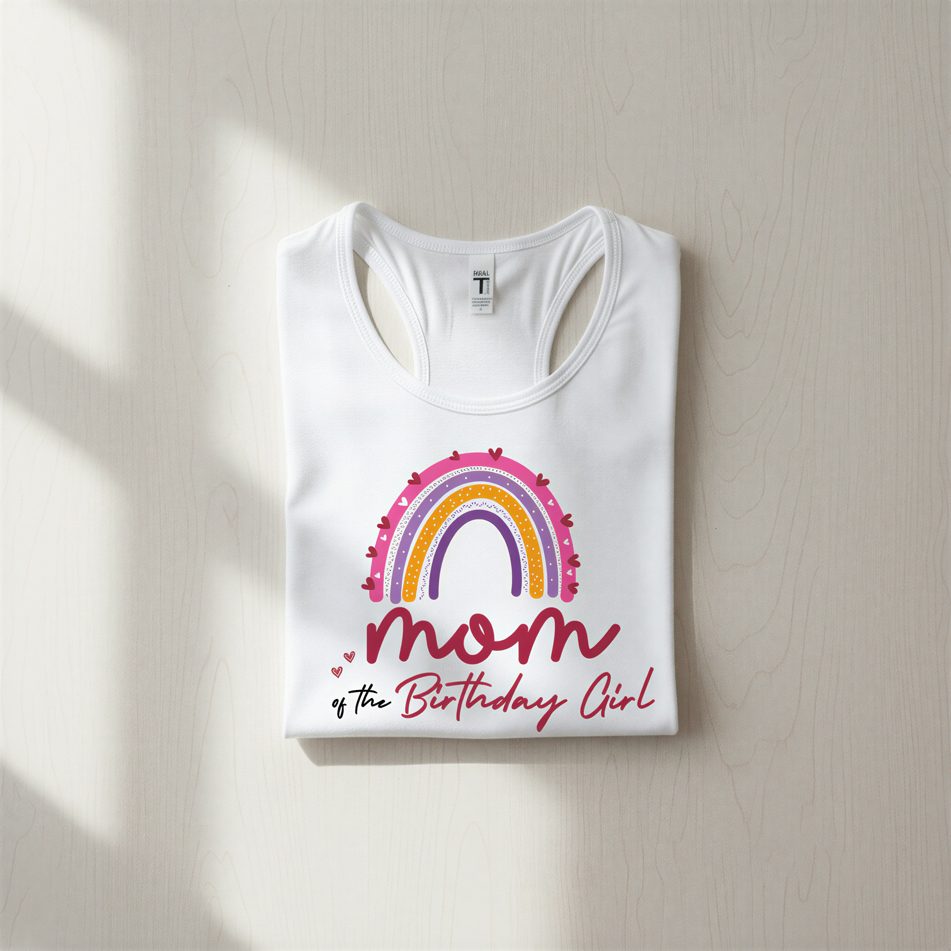 A white t-shirt with a colorful graphic design and text printed on it.