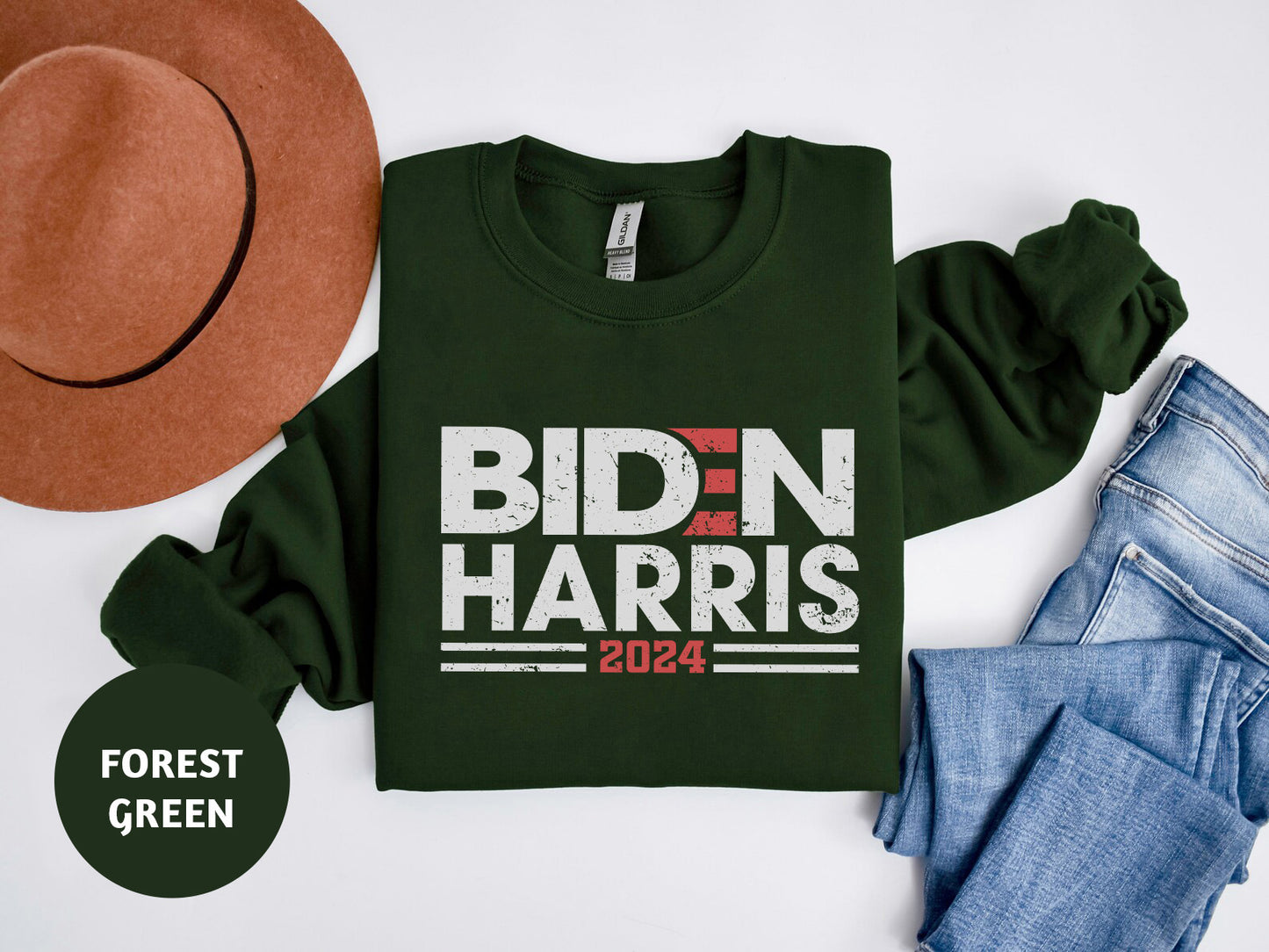 a green shirt with bidn harris on it next to jeans and a