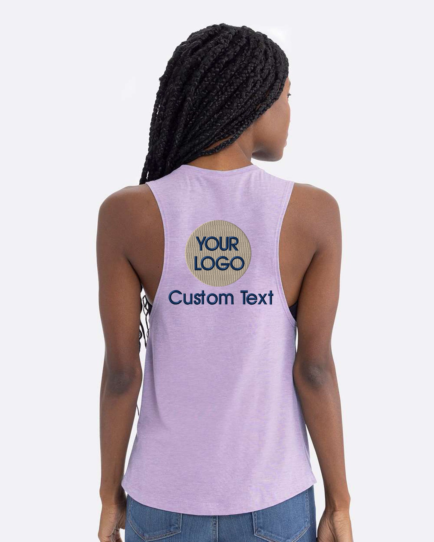 a woman wearing a tank top that says your logo