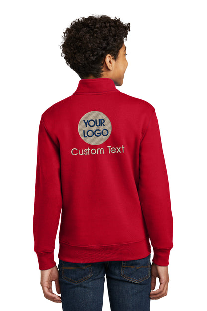 a woman wearing a red sweatshirt with the words your logo on it