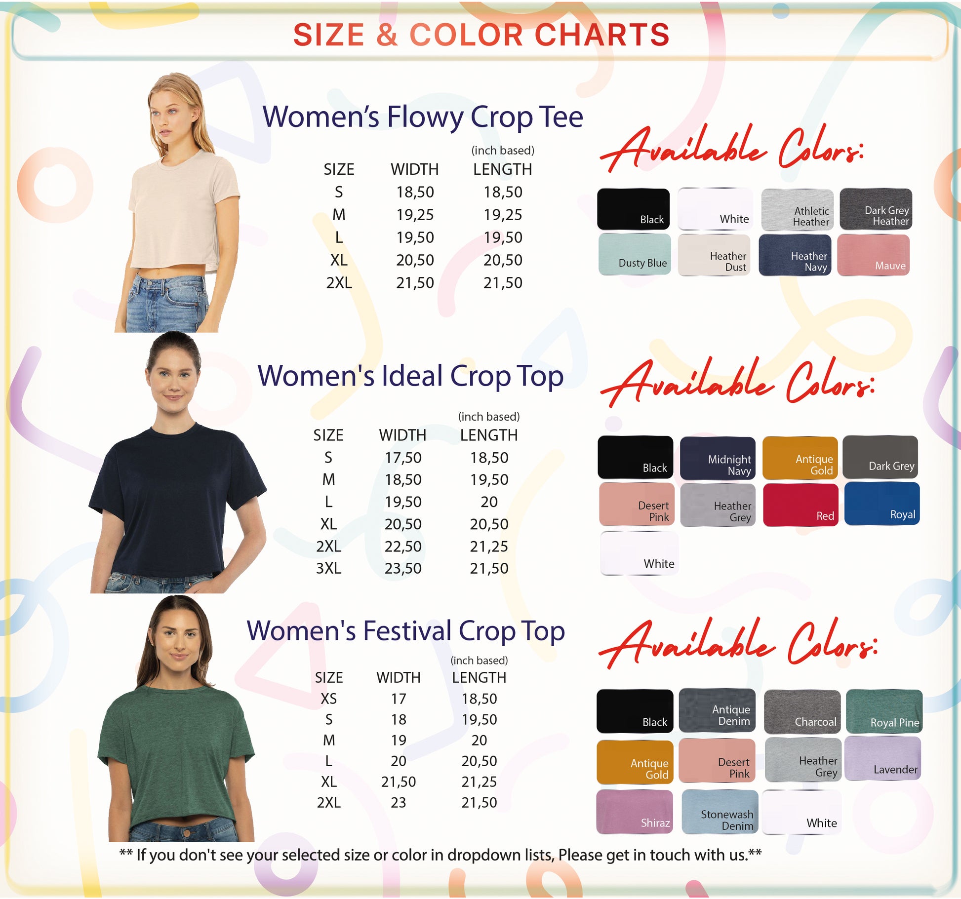 a women's clothing chart with different colors