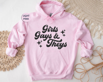 a pink hoodie with the words girls, guys and they printed on it