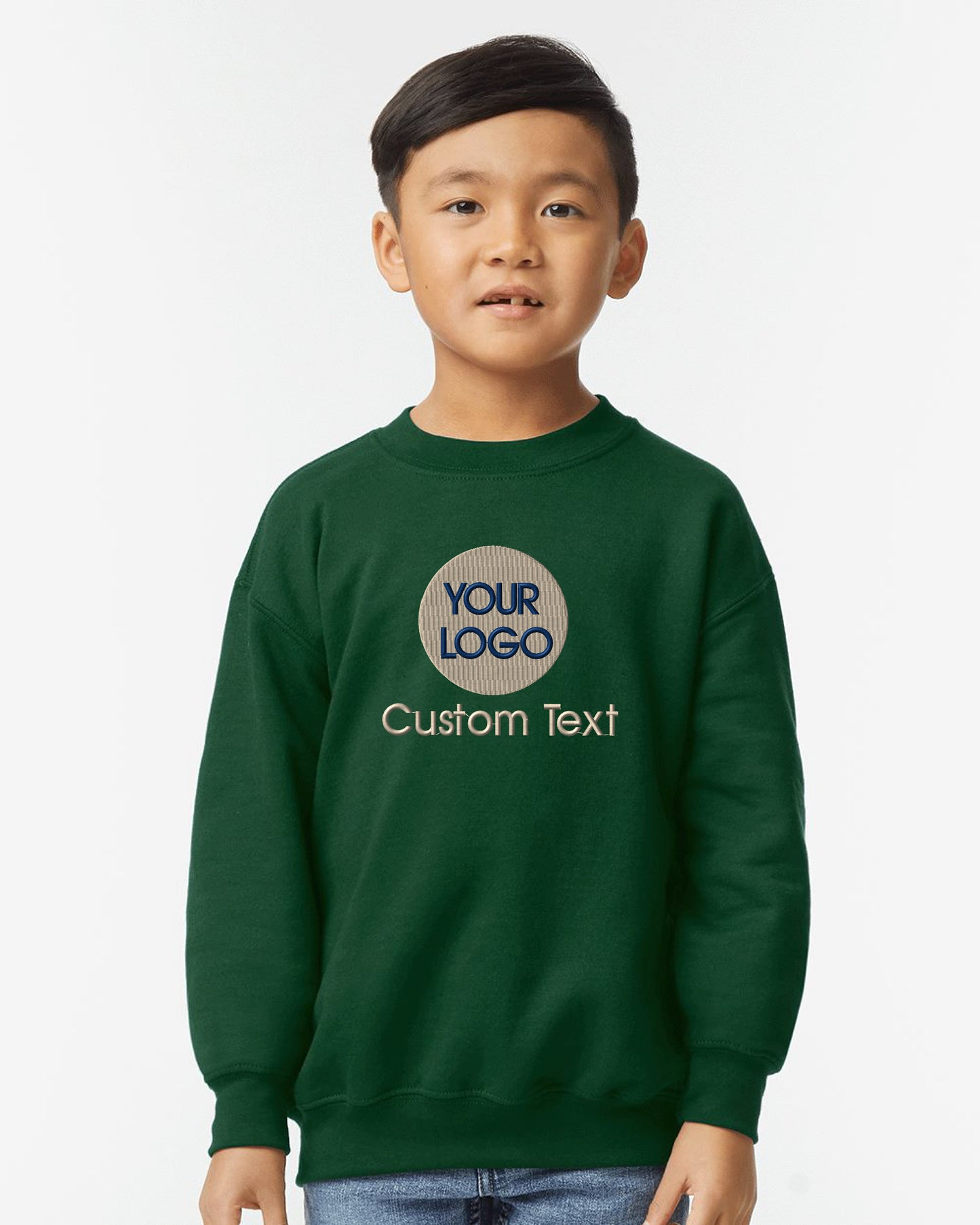 a young boy wearing a green sweatshirt with the words your logo on it