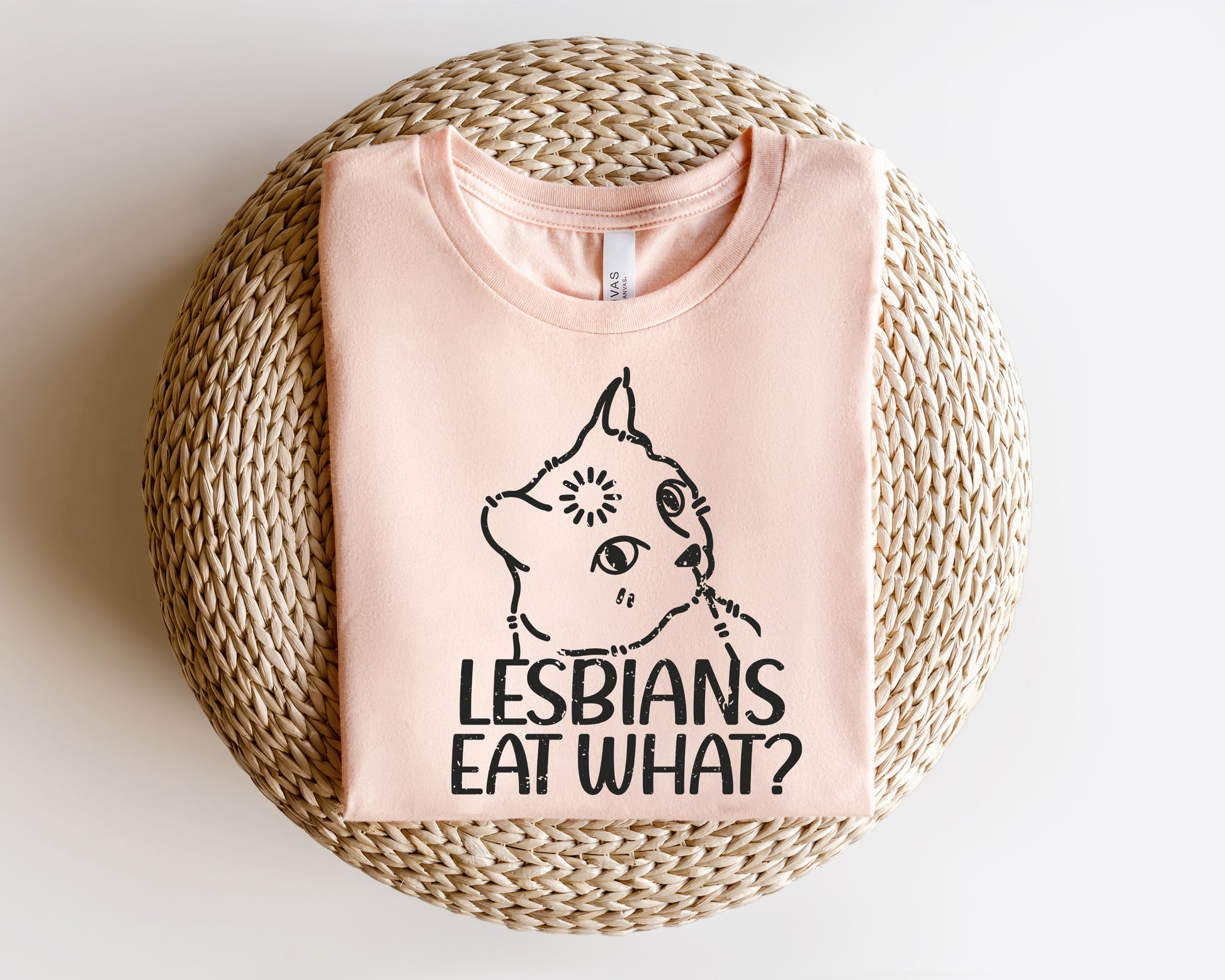 a pink t - shirt with a picture of a cat that says lesbians eat