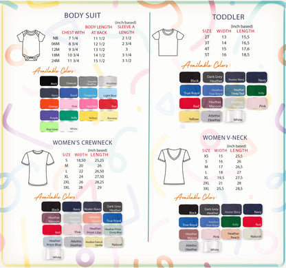a collection of clothing items, including a body suit, a toddler's shirt, a women's crewneck, and a women's v-neck, along with their corresponding sizes and available colors.