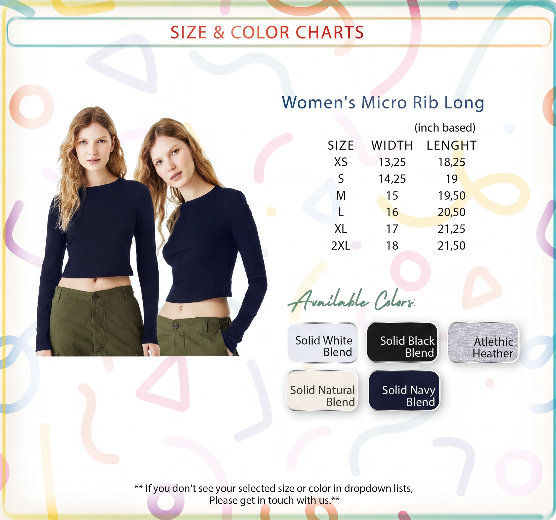 two women wearing long-sleeved tops, with a focus on the women's micro ribbons. The image also includes size and color charts for the women's ribbons, providing information on the available colors and sizes.