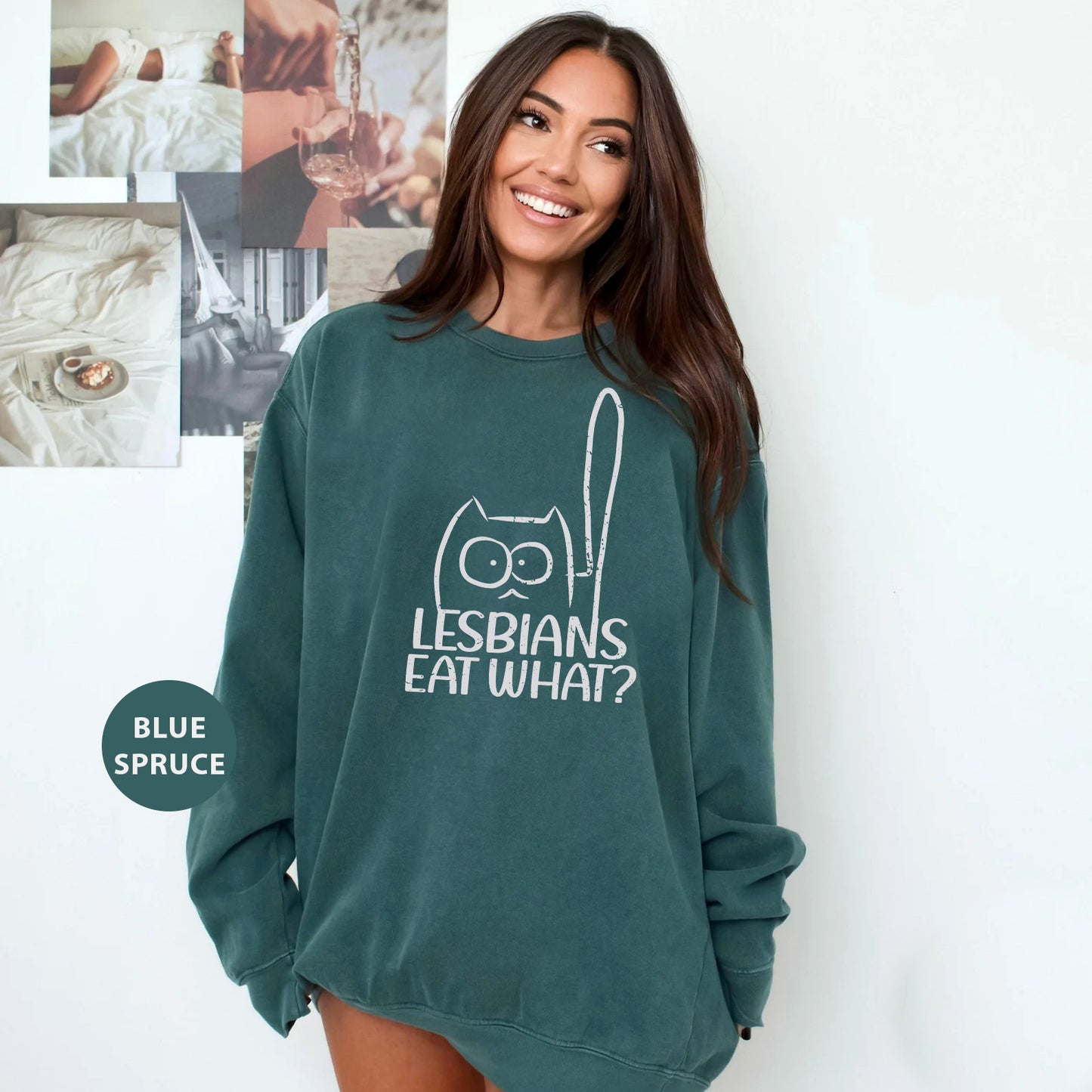 a woman wearing a green sweatshirt that says lesbians eat what?