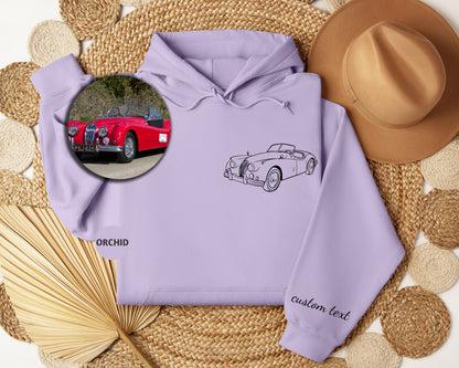 a purple hoodie with a picture of a car on it