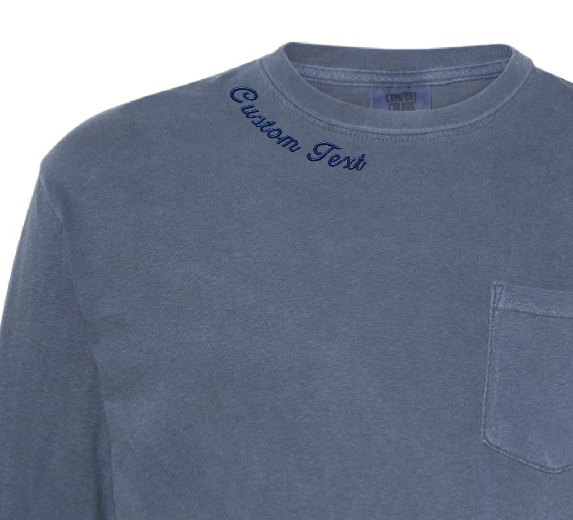 a blue long sleeved shirt with a pocket