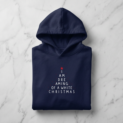 A navy blue hoodie with white text printed on it, laid out on a marble surface.