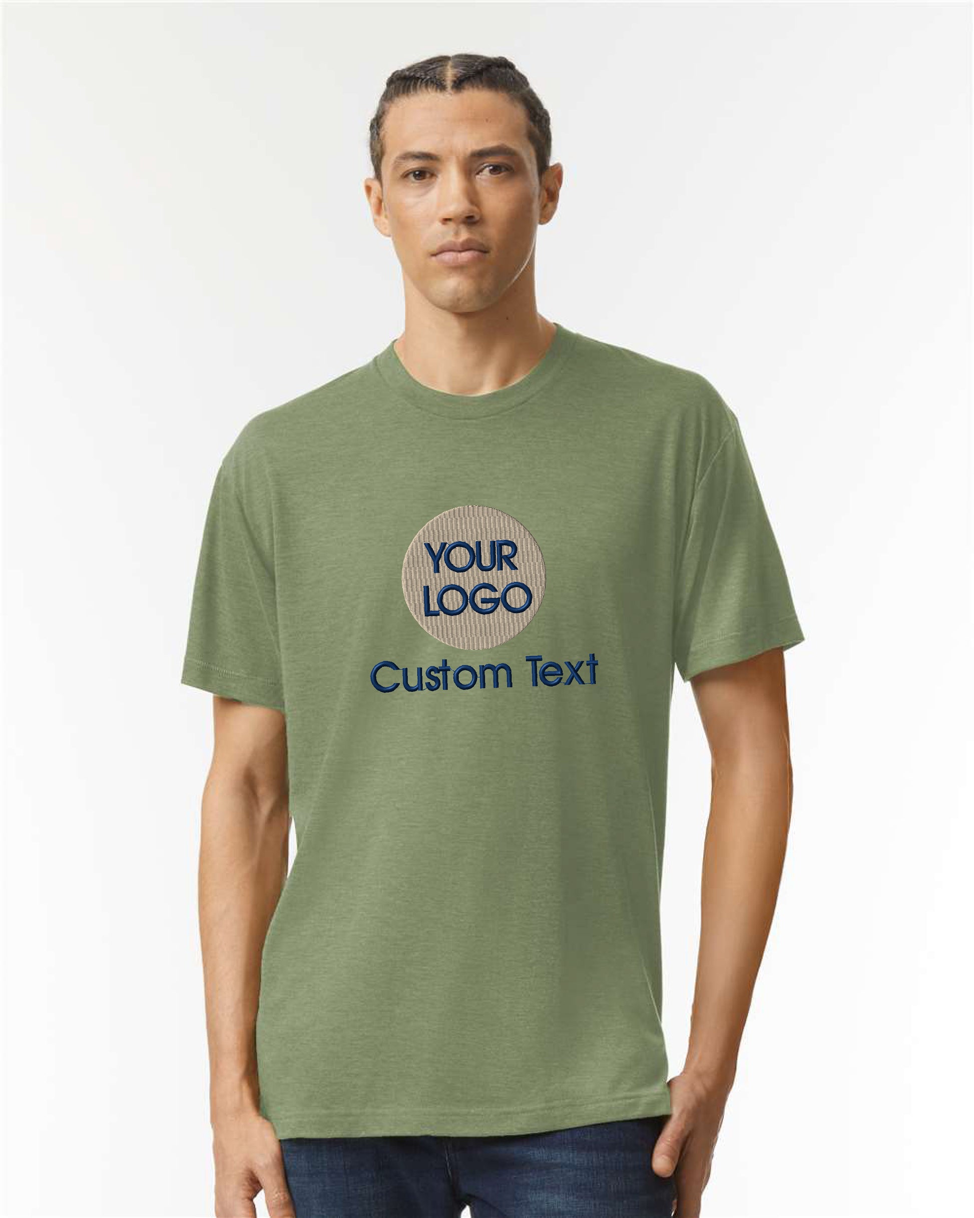 a man wearing a green t - shirt with a custom text