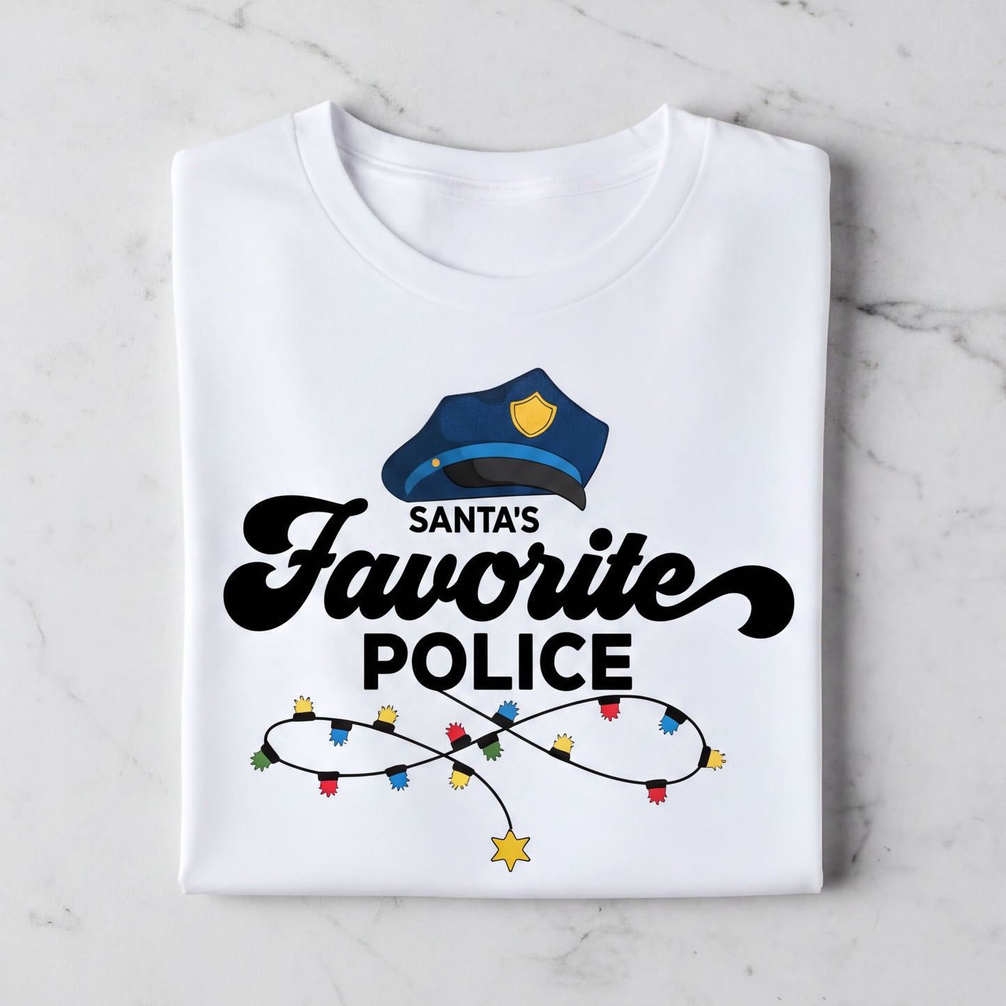 A white t-shirt with a graphic design featuring a police officer's hat and the text "Santa's Favorite Police" along with colorful lights.