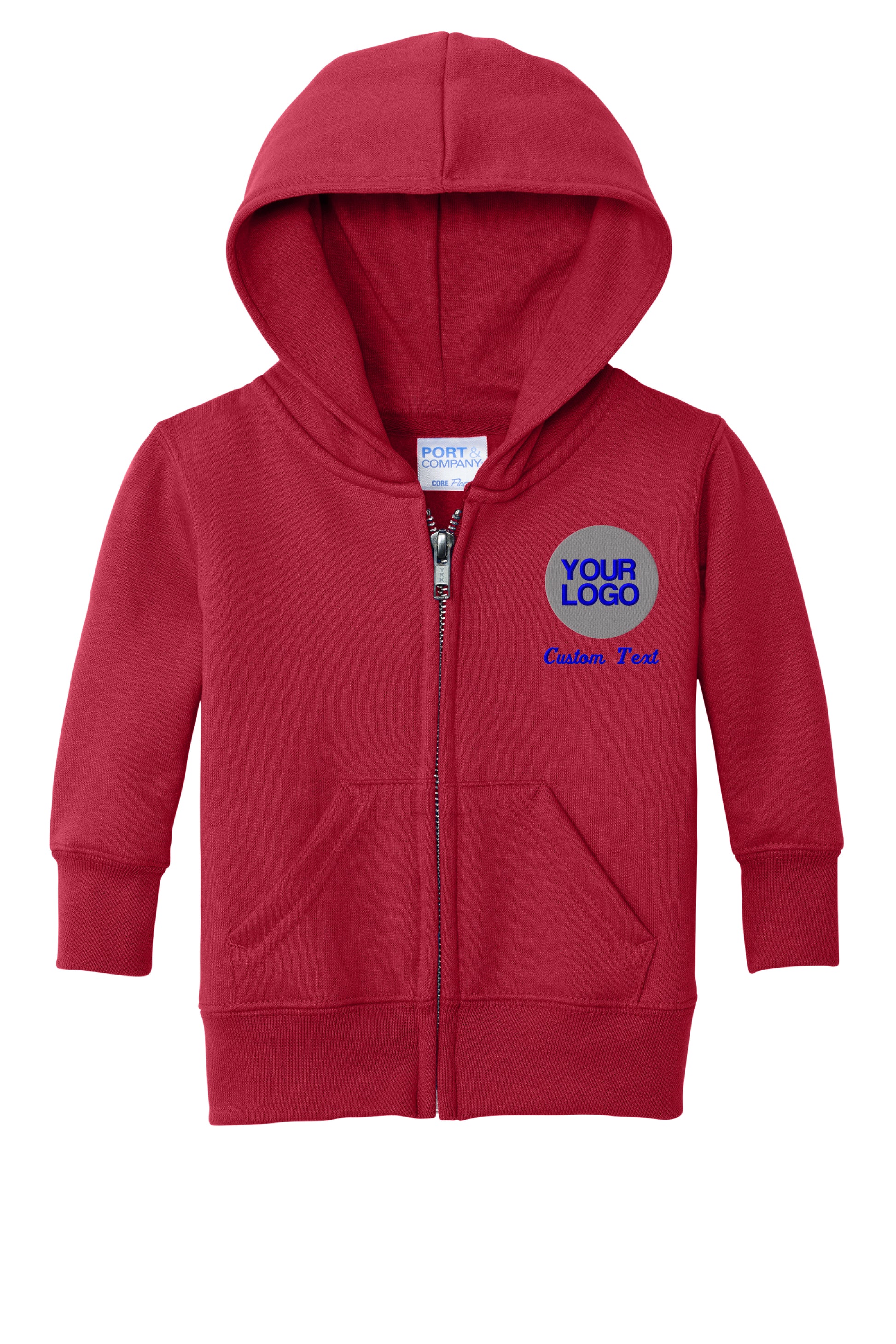 a red hoodie with a blue and white logo