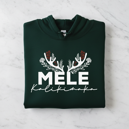 A dark green hoodie with white text and floral designs printed on it.