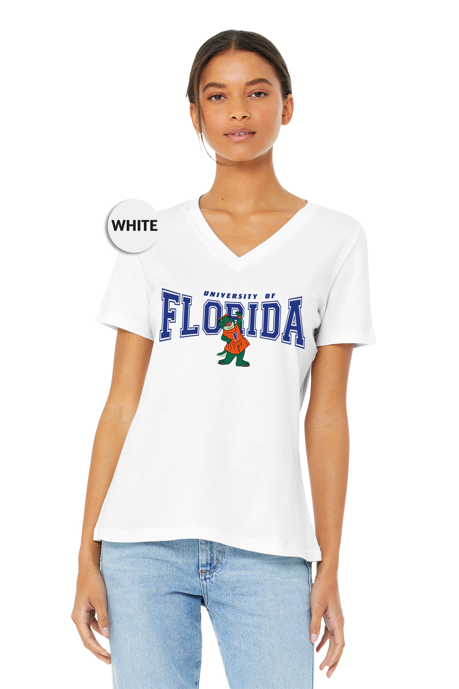 a woman wearing a white florida t - shirt