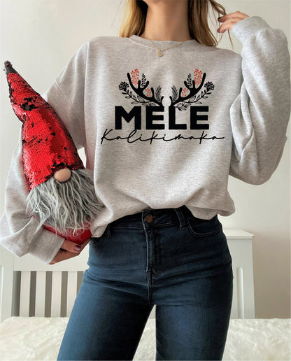 A woman wearing a grey sweatshirt with a graphic design and holding a red sequined gnome.