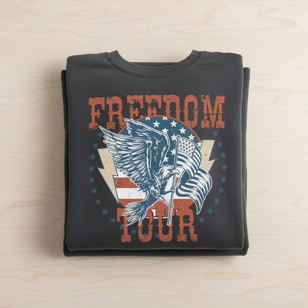 A black t-shirt with a graphic design featuring a large eagle holding a flag and the text "FREEDOM TOUR" printed on it.