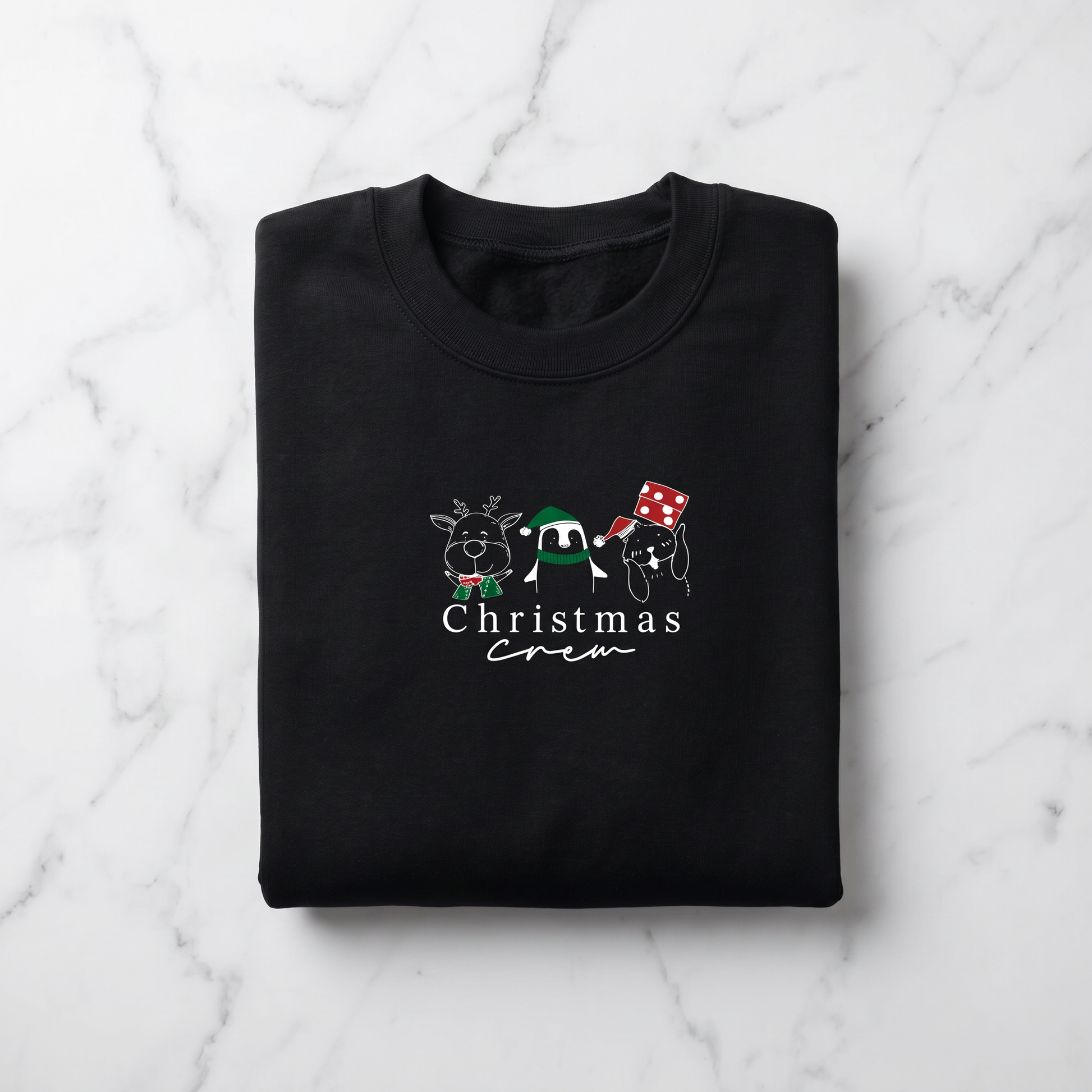 A black sweatshirt with a Christmas-themed design printed on it, featuring a panda, a reindeer, and a snowman.