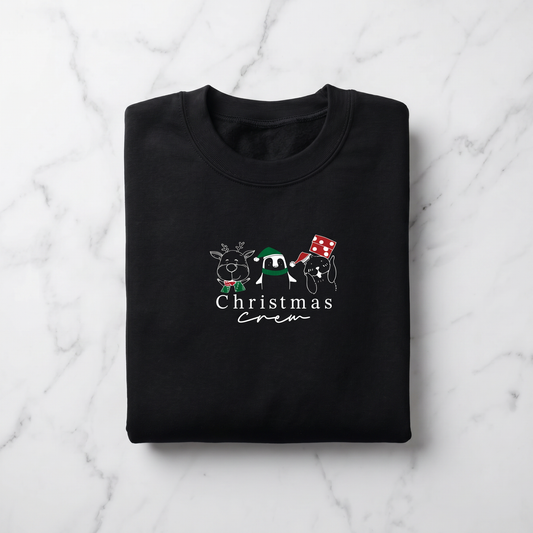 A black sweatshirt with a Christmas-themed design printed on it, featuring a panda, a reindeer, and a snowman.