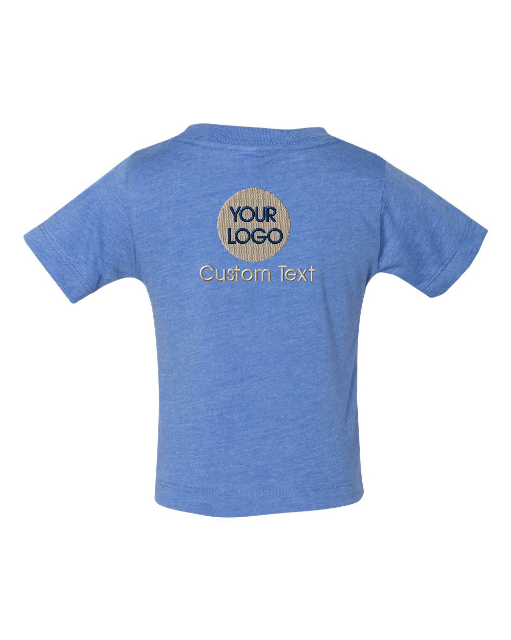 a child&#39;s blue t - shirt with the words your logo on it