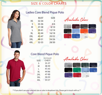 a women's short sleeve polo shirt with a size and color chart