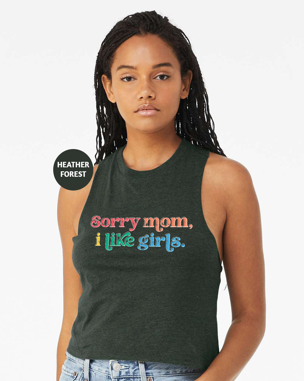 a woman wearing a tank top that says sorry mom i like girls