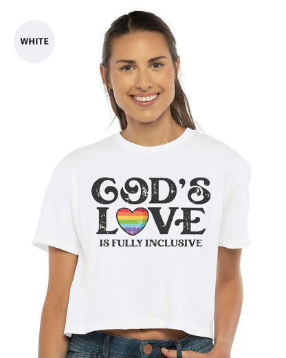 a woman wearing a white t - shirt that says god's love is fully