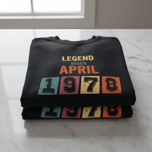 A black sweatshirt with the text "LEGEND since APRIL 1978" printed on it, along with the numbers "1" through "8" in different colors.