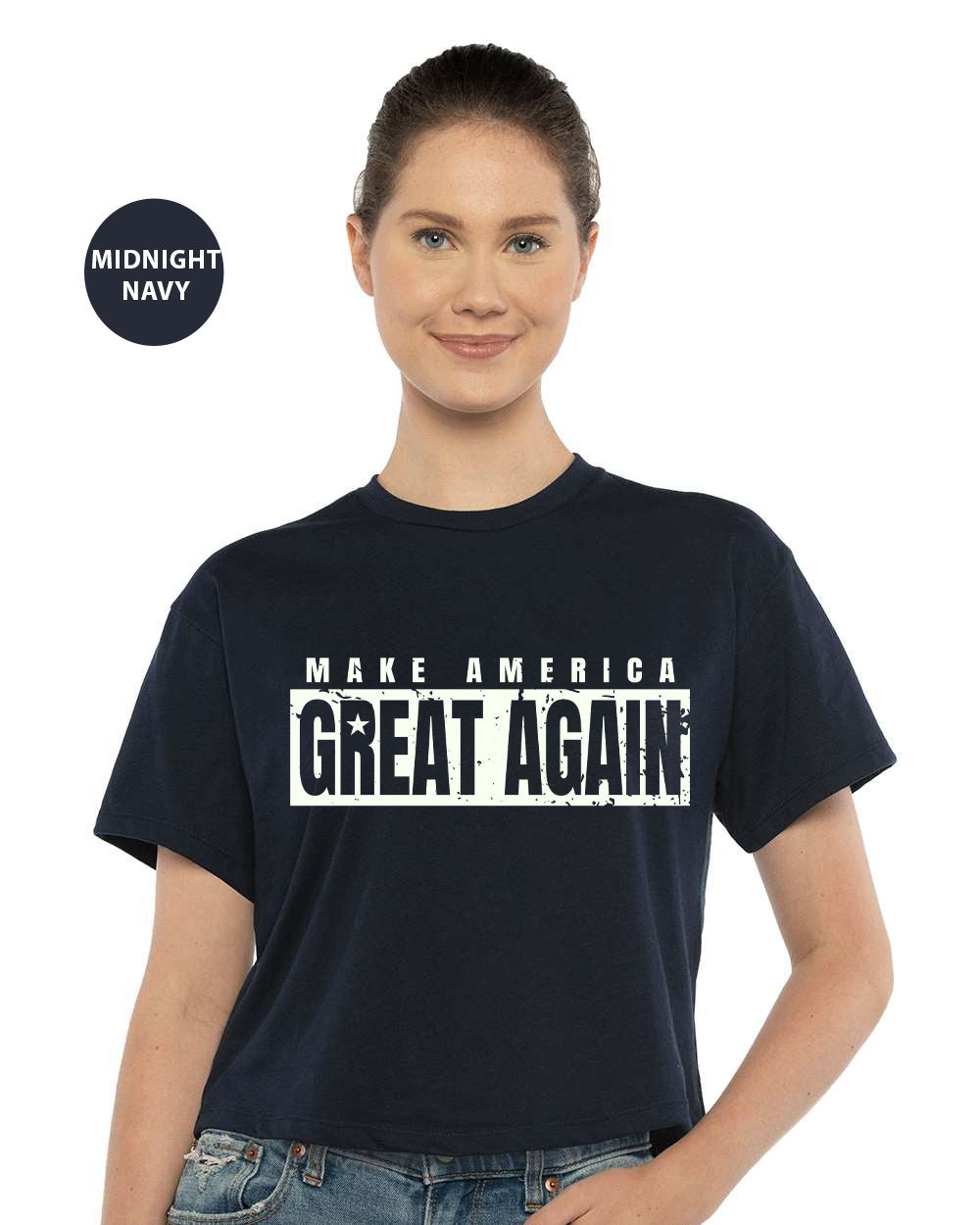 a woman wearing a black shirt that says make america great again