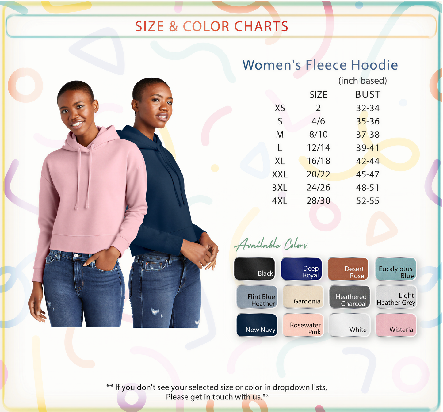 two women wearing women's fleece hoodies, with a size and color chart displayed below them.