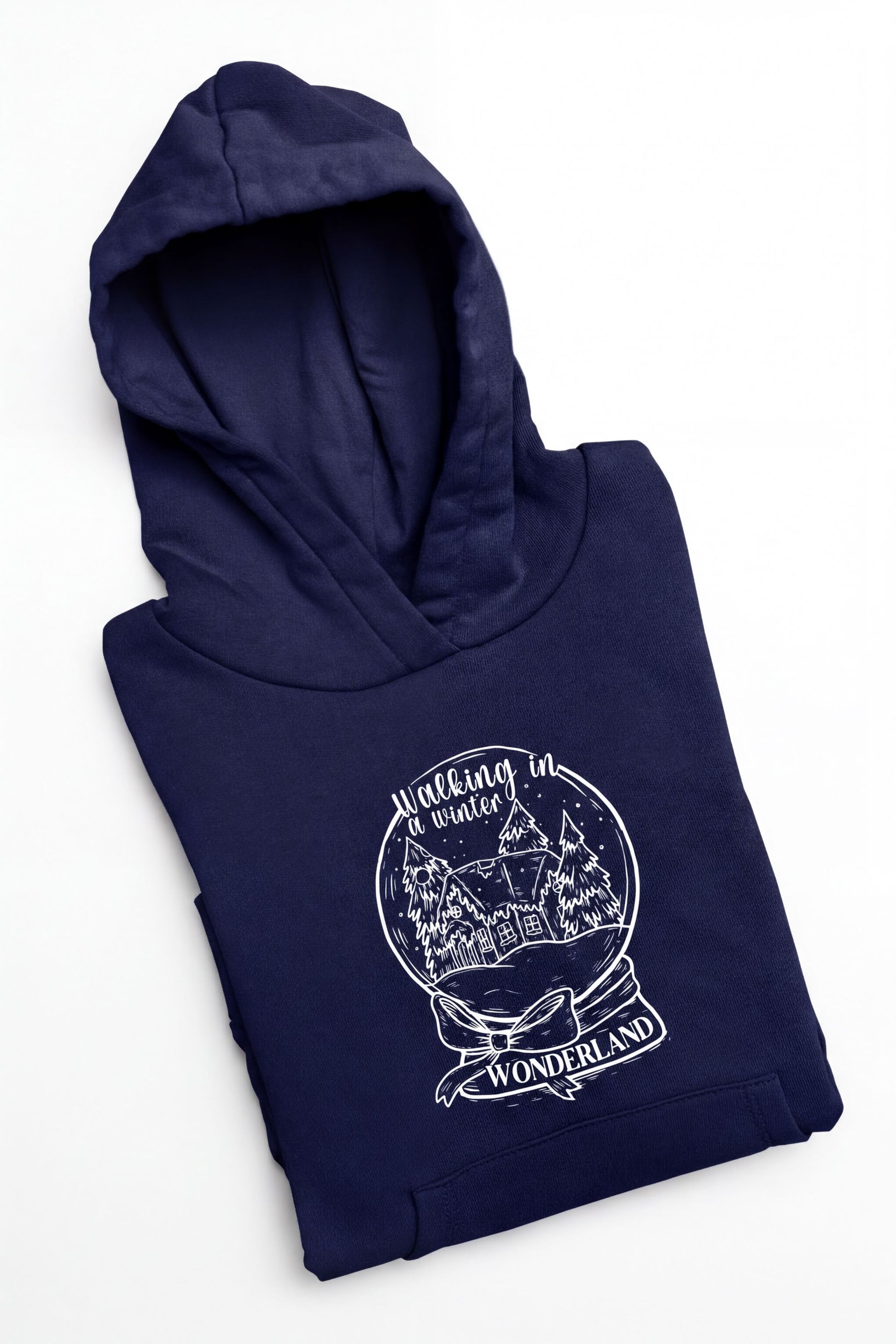 A navy blue hoodie with a white graphic design depicting a snow globe and the text "Walking in a winter wonderland".
