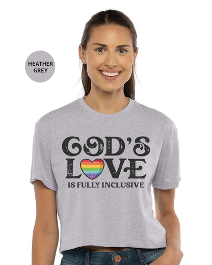 a woman wearing a grey t - shirt that says god's love is fully