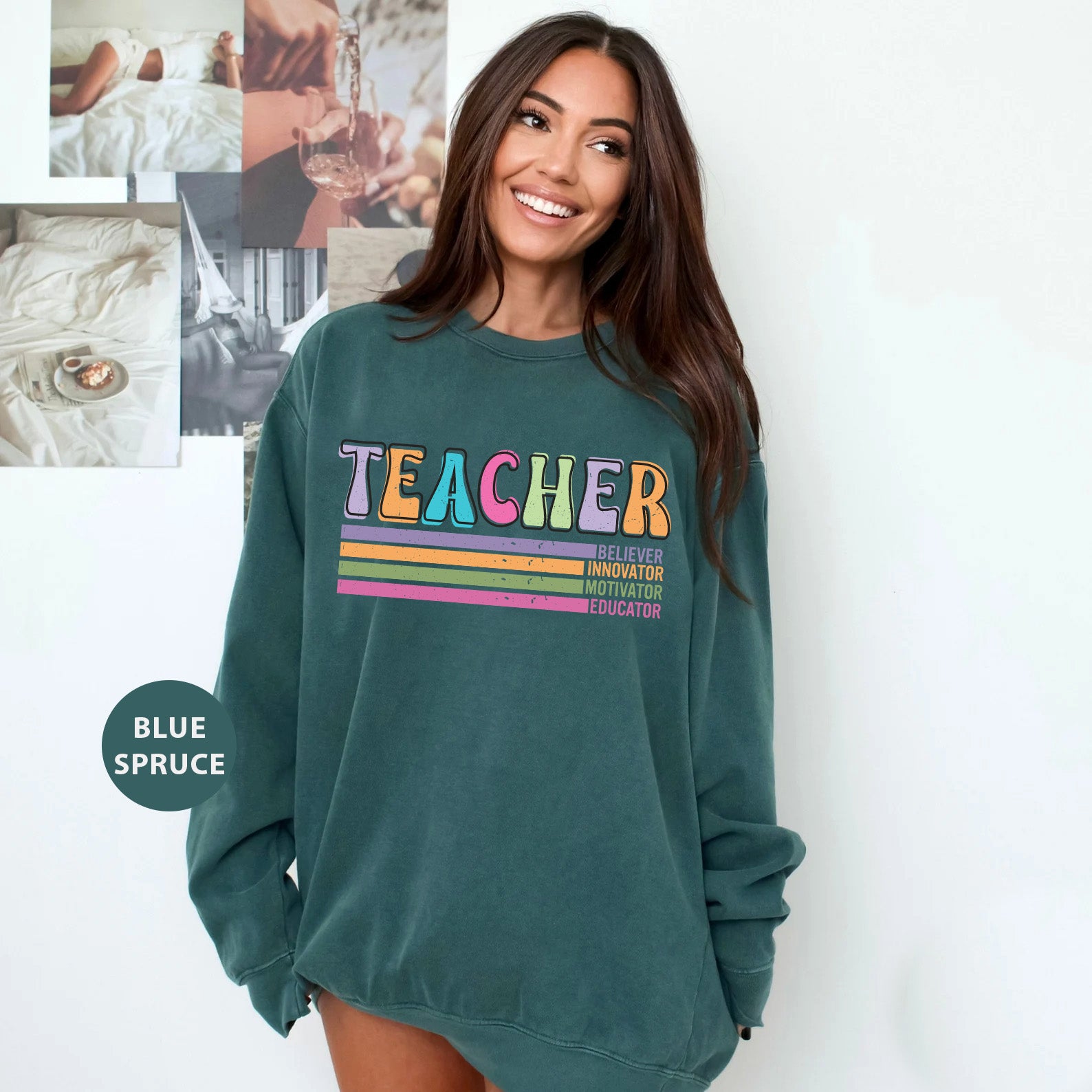 a woman wearing a green sweatshirt with the words teacher on it