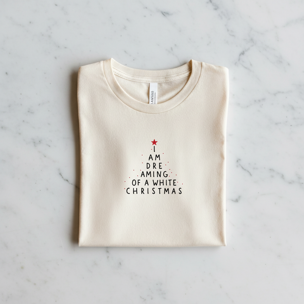 A white t-shirt with a Christmas-themed design printed on it, laid out on a marble surface.