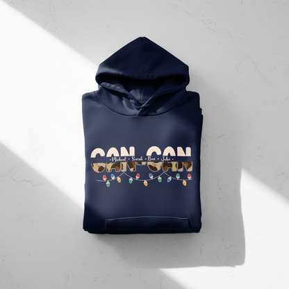 A navy blue hoodie with the text "CON CON" printed on it, along with a pattern of colorful lights.