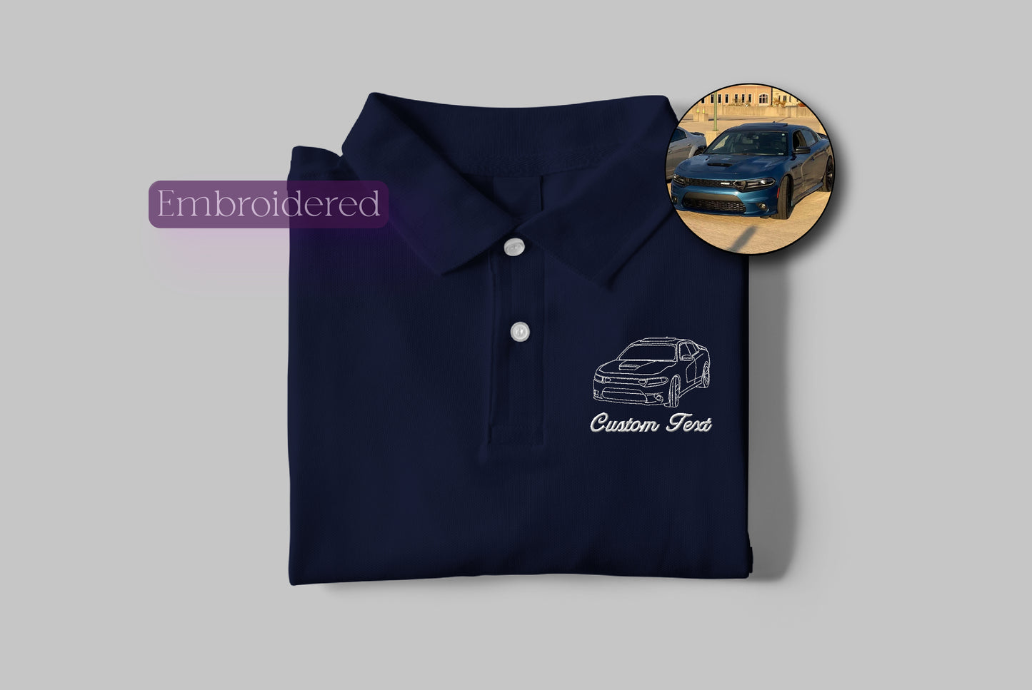 a polo shirt with a picture of a car on it