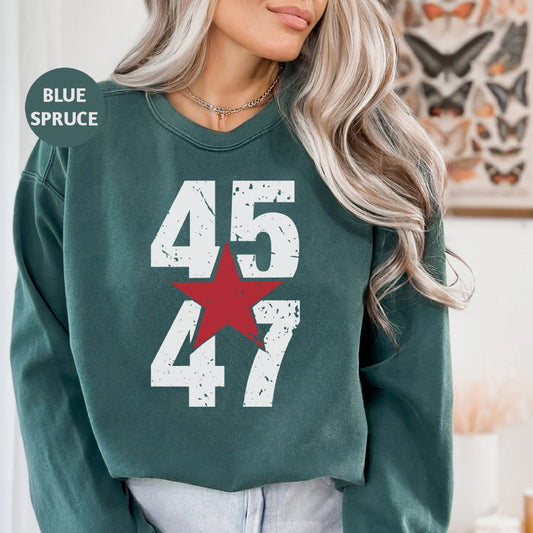 a woman wearing a green sweatshirt with a red star on it