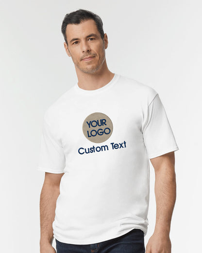 a man wearing a white t - shirt with the words your logo on it