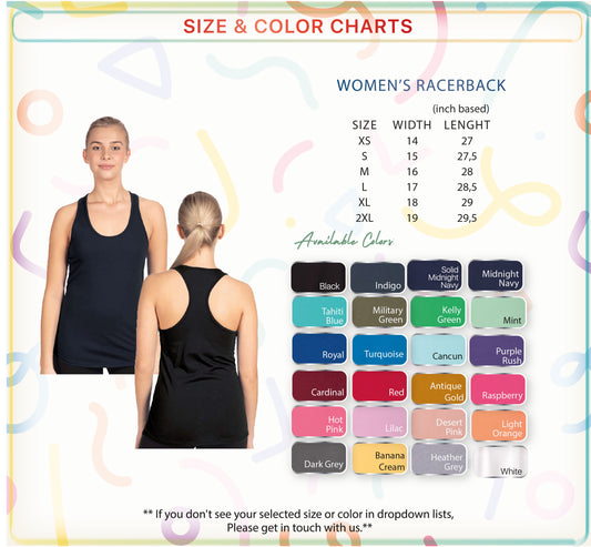 The image is a size and color chart for women's racerbacks, providing measurements and color options for different sizes.