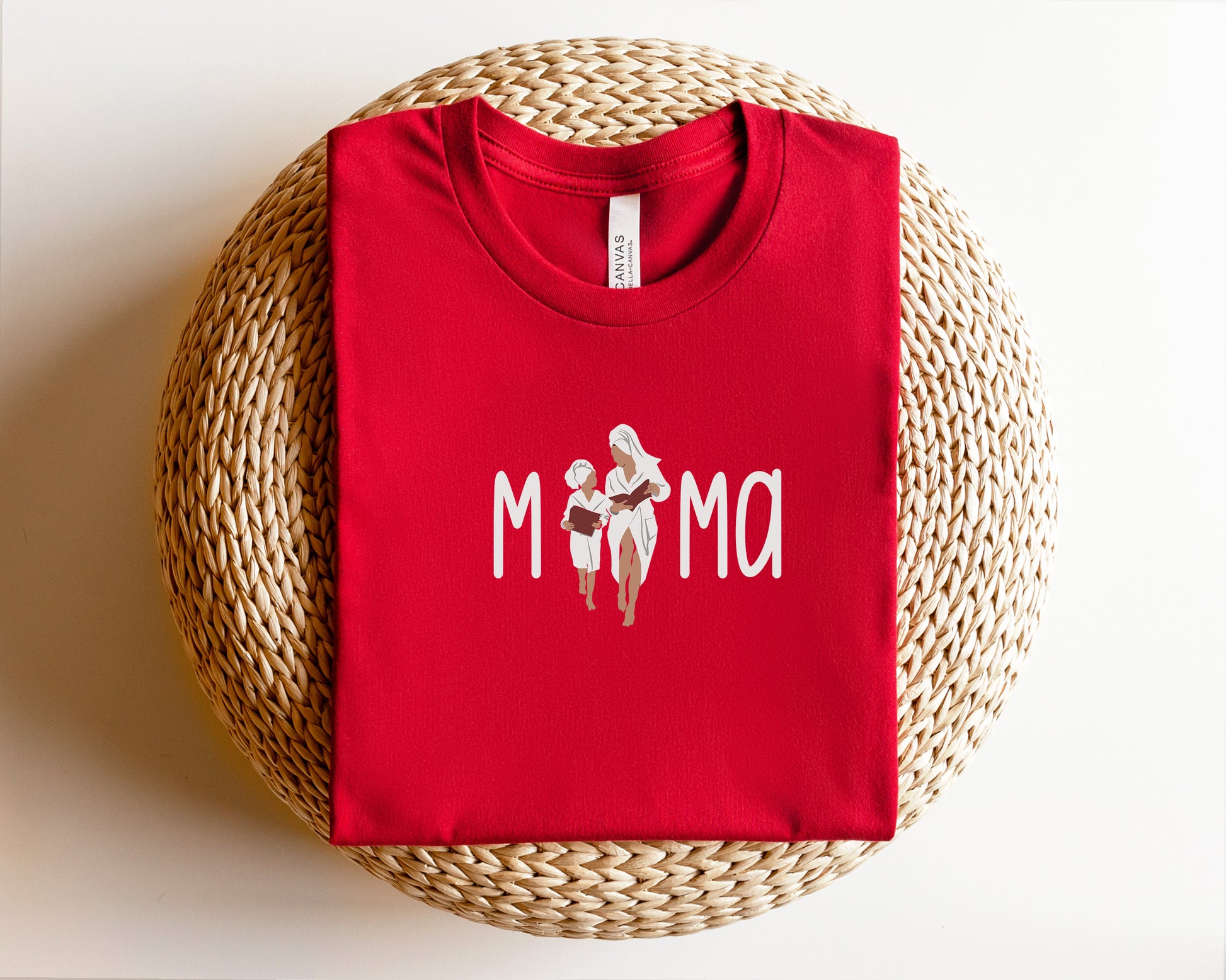 a red t - shirt with the word mom printed on it