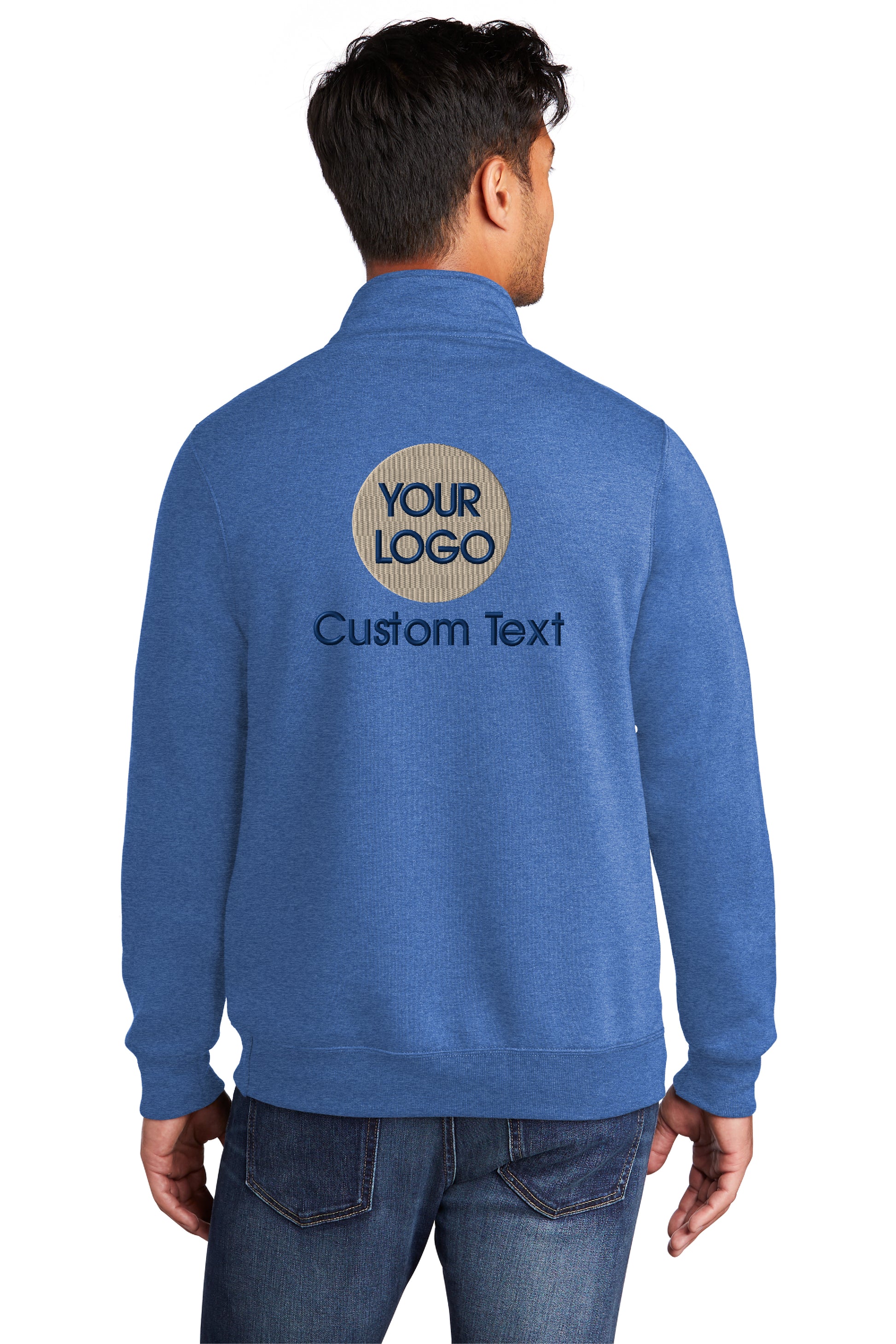 a man wearing a blue sweatshirt with the words your logo on it