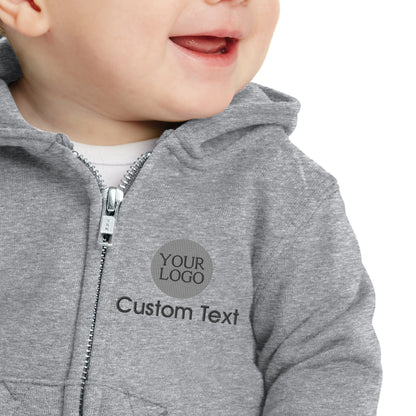 a baby wearing a gray hoodie with a custom text on it