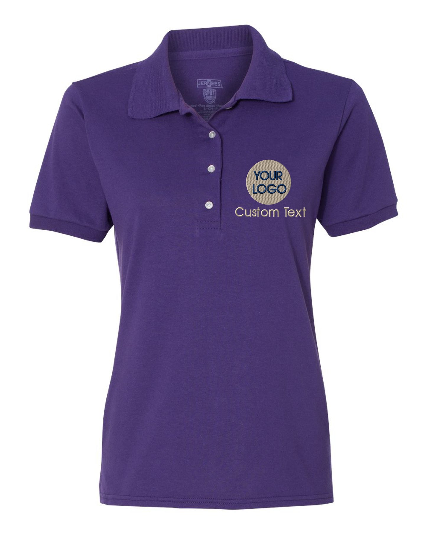 a women's purple polo shirt with the words your logo on it