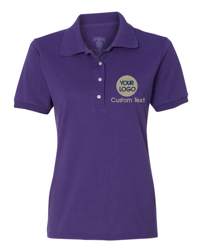 a women's purple polo shirt with the words your logo on it